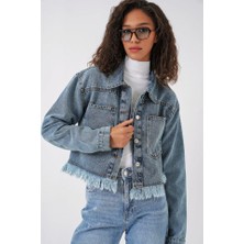 0716 Çift Cepli Crop Kot Ceket - Mavi