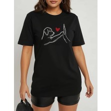 Kadın Kısa Kollu Bisiklet Yaka Köpek Baskılı Viskon Bluz