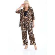 Leopar Kimono Hırkalı 2li Alt Üst Takım Bürümcük Kumaş Yazlık 2xl-6xl Oversize