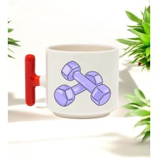 Pembe Dumbell Tasarımlı Kırmızı T Kulplu Seramik Baskılı Kupa Bardak 250 ml