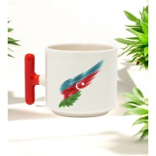 Azerbaycan Tasarımlı Kırmızı T Kulplu Seramik Baskılı Kupa Bardak 250 ml