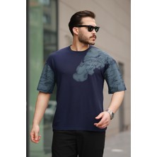 Miron Lacivert Kol Baskı Detaylı Sıfır Yaka Oversize Kısa Kollu Tişört -2506
