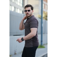 Miron Kahverengi Çizgili Polo Yaka Kısa Kollu TIŞÖRT-2515