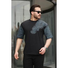 Miron Siyah Kol Baskı Detaylı Sıfır Yaka Oversize Kısa Kollu Tişört -2506