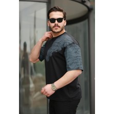 Miron Siyah Kol Baskı Detaylı Sıfır Yaka Oversize Kısa Kollu Tişört -2506