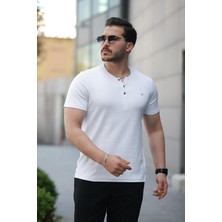 Miron Beyaz Önü Düğmeli Sıfır Yaka Kısa Kollu Regular Fit Tişört- 2510