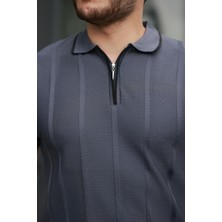 Miron Füme Petek Dokulu Fermuarlı Polo Yaka Triko Kısa Kollu Tişört 2511