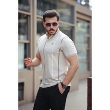 Miron Bej Dikey Çizgili Polo Yaka Kısa Kollu Tişört- 2502