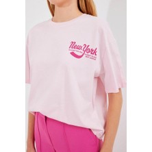 4318 Baskılı Basic Tişört - Pudra