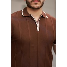 Miron Kahverengi Petek Dokulu Fermuarlı Polo Yaka Triko Kısa Kollu Tişört 2511