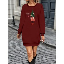 Kadın Uzun Kollu Bisiklet Yaka Desenli Kısa Viskon Iki Iplik Elbise