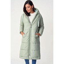 5120 Kapşonlu Uzun Şişme Mont - Mint