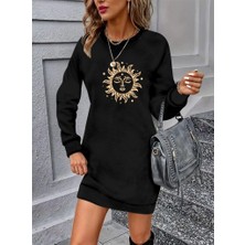 Kadın Uzun Kollu Bisiklet Yaka Güneş Desenli Viskon Iki Iplik Elbise