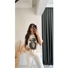Laura Baskılı Pamuklu  Basic Tshirt Bej