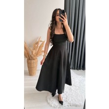 Sare Lüx Kalite Özel Işçilikli Kalın Poliviskon Midi Boy Kloş Etek Siyah