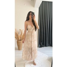 Patric Şifon Askılı Desenli Elbise Pudra