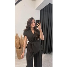 Eloya Klasik Kumaş Bol Paça Pantolon Beli Ipli Yelek Takım Siyah