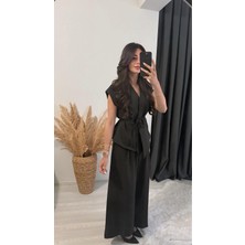 Eloya Klasik Kumaş Bol Paça Pantolon Beli Ipli Yelek Takım Siyah