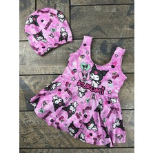 Kuromi Kız Çocuk Uv Korumalı Volanlı Mayo ve Bone Havuz Deniz Takımı