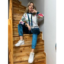 Kadın Kadife Kumaş Uzun Kollu Kapüşon Detay Çiçek Baskılı Sweat ve Pantolon Ikili Takım