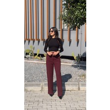 David Beli Cırtlı Likralı Palazzo Bordo Pantalon