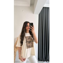 Leopar Baskılı Pamuklu  Basic Tshirt Bej
