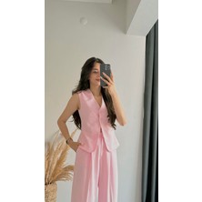 Beauty İki Düğmeli Pembe Keten Kumaş Yelek