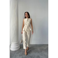 Gökyüzü Moda Keten Bluz - Pantolon Takım Massimo Model  Screat Kumaş - Bej