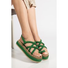 Bless Kadın Yeşil Günlük Rahat Taban Hasır Sandalet Terlik