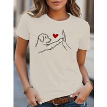 Kadın Kısa Kollu Bisiklet Yaka Köpek Baskılı Viskon Bluz