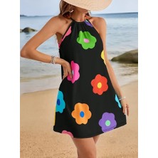 Arben Boutique Kadın Boyundan Askılı Kolsuz Çiçek Desenli Süprem Elbise