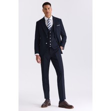 Jakamen Lacivert Slim Fit Sivri Yaka Yelekli Takım Elbise