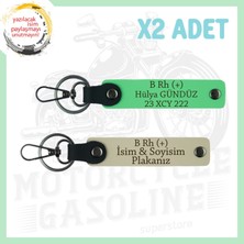 Sütlü Kahve-Fıstık Yeşil, Motorcu Tarzı Plakalı & Isimli Deri 2'li Anahtarlık, B Rh (+) Kan Grubu