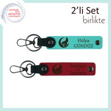 Bozkurt ve Ayyıldız Gibi Parlayan Aşkınız Için, Isim Yazılabilen Deri Anahtarlık X2, Turkuaz-Kırmızı