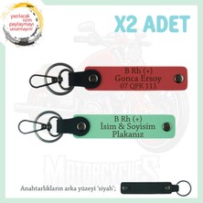 Arkadaşına, Isim Plaka ve B Rh (+) Kan Grubu Yazılı Kişisel Deri X2 Anahtarlık, Nar Çiçeği-Yeşil-Syh