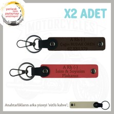 Motor Severlere Özel, Isim Plaka ve A Rh (-) Kan Grubu Yazılı X2 Anahtarlık, Nar Çiçeği-K Kahve-Sk