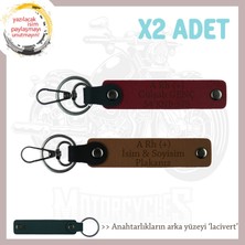 Motosiklet Tutkunlarına Isim Plaka ve A Rh (+) Kan Grubu Yazılı Deri X2 Anahtarlık, Kahve-Bordo-Laci