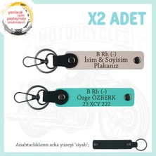 Motorcu Yolculara Özel Isim Plaka ve B Rh (-) Kan Grubu Yazılı Deri X2 Anahtarlık, Pudra-Turkuaz-Syh