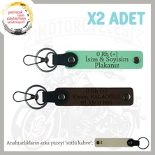 Motor Tutkunlarına Özel, Isim Plaka ve 0 Rh (+) Kan Grubu Yazılı X2 Anahtarlık, Yeşil-K Kahve-Sk