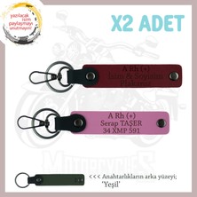 Sevdiğine Isim Plaka ve A Rh (+) Kan Grubu Yazılı Anlamlı Hediye Deri X2 Anahtarlık, Pembe-Bordo-Ysl