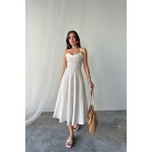 Arben Boutique Simli Çizgili Askılı Elbise Midi Boy - Kahverengi