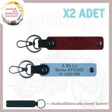 Motor Severlere Özel, Isim Plaka ve A + Kan Grubu Yazılı Kişiye Özel X2 Anahtarlık, Mavi-Bordo-Laci