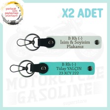 Beyaz-Turkuaz, Motor Severler Için Isim Plaka ve B (-) Kan Grubu Yazılı Özel Tasarım 2'li Anahtarlık