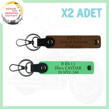 A Kahve-Fıstık Yeşil, Biker, Isim Plaka ve B (-) Kan Grubu Yazılı Özel Tasarım 2'li Anahtarlık Set
