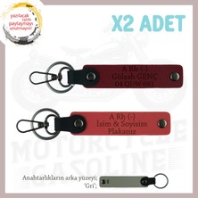 Motorcu Tarzına Özel, Isim Plaka ve A Rh (-) Kan Grubu Yazılı 2'li Anahtarlık, Nar Çiçeği-Bordo-Gr