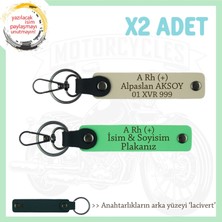 Motorcu Tarzı Plakalı & Isimli Deri X2' Li Anahtarlık,  A Rh (+) Kan Grubu Ile, S Kahve-F Yeşil-Laci