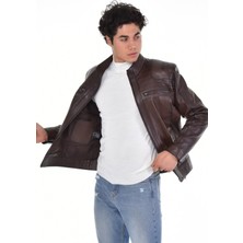 Deri Work Hakiki Deri Kahverengi Georgio Dik Yaka Erkek Deri Ceket