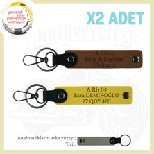 Motorsiklet Tutkunlarına Hediye Isim Plaka ve A Rh (-) Kan Grubu Yazılı X2 Anahtarlık, Kahve-Sarı-Gr