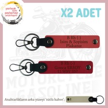 Motorcu Yolculara, Isim Plaka ve B Rh (-) Kan Grubu Yazılı Deri X2 Anahtarlık, Nar Çiçeği-Kırmızı-Sk