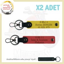 Bikerlar Için Isim Plaka ve 0 Rh (-) Kan Grubu Yazılı Hediye Deri X2 Anahtarlık, Nar Çiçeği-Sarı-Syh